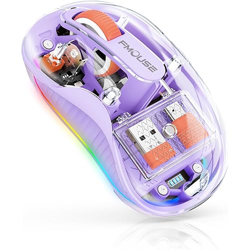 Stunning Transparent Wireless Mouse, Dual Bluetooth & 2.4GHz for Multi Device, USB-C Receiver Ideal for MacBook/Laptops, Rechargeable, Cool LED, Silent, for Girls & Small Hands - Purple