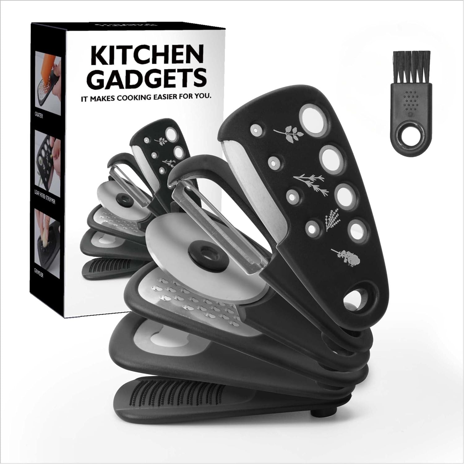 2 PCS 6-in-1 Stackable Kitchen Tools Set - Black Space Saving Gadgets (Grater, Peeler, Garlic Press, Cutter & More)
