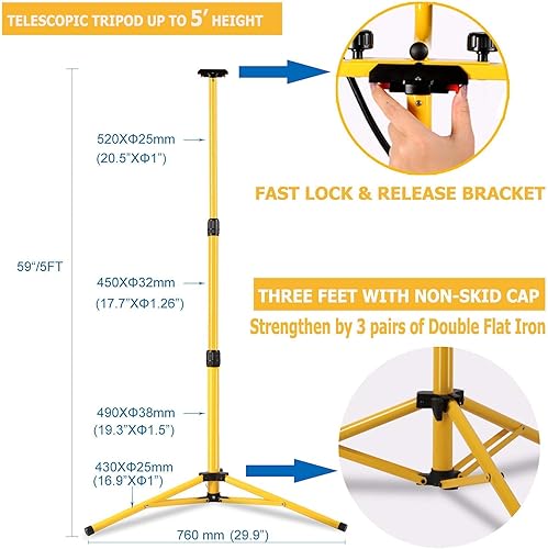 Miniatura 9 de Trípode inalámbrico LED luz de trabajo compatible con Dewalt y Milwaukee batería de 18-20V sin parpadeo, 4000 LM 25 W brillo ajustable, base