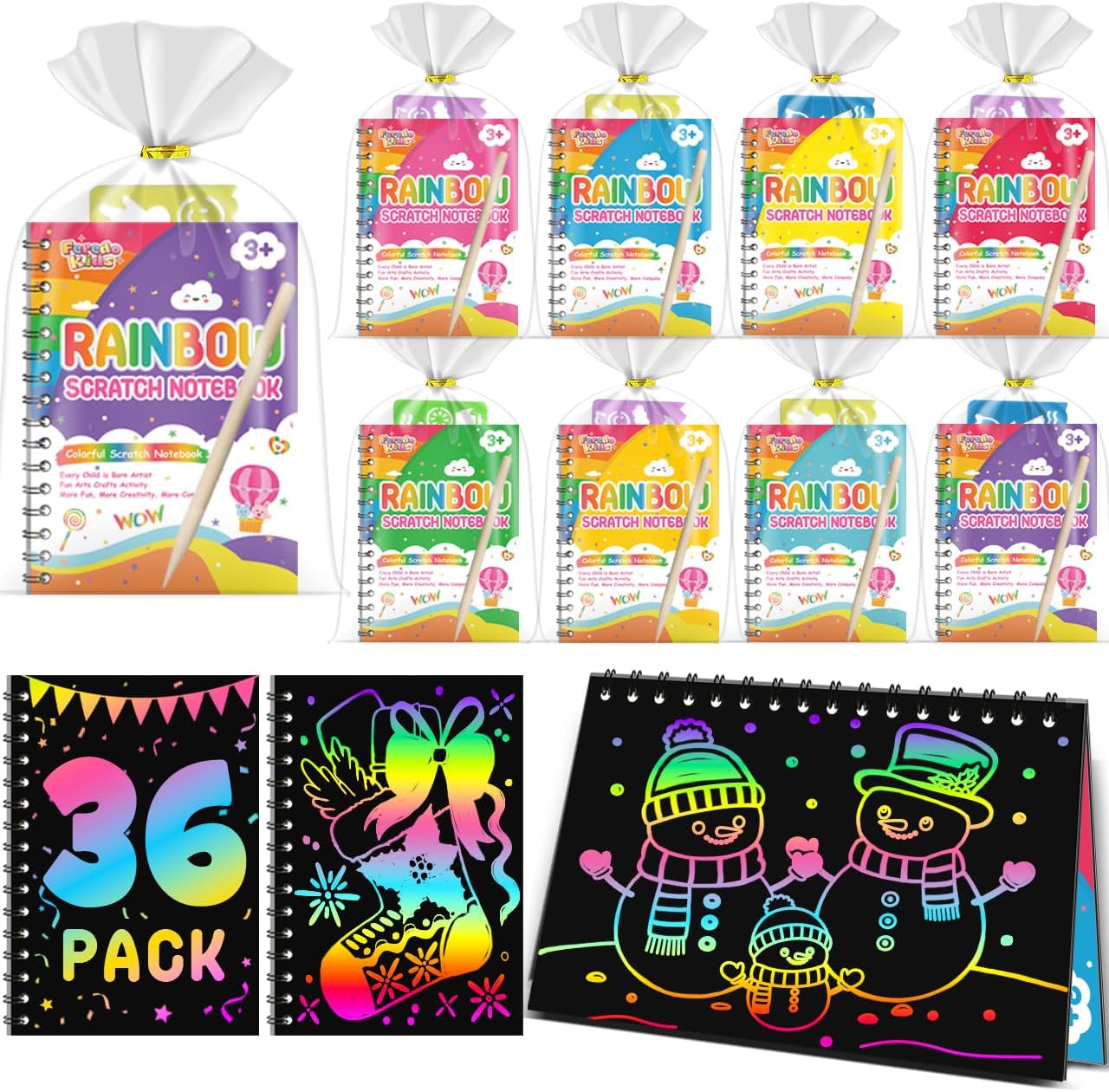 Rainbow Scratch Art Notebook Set for Kids (36-pack)