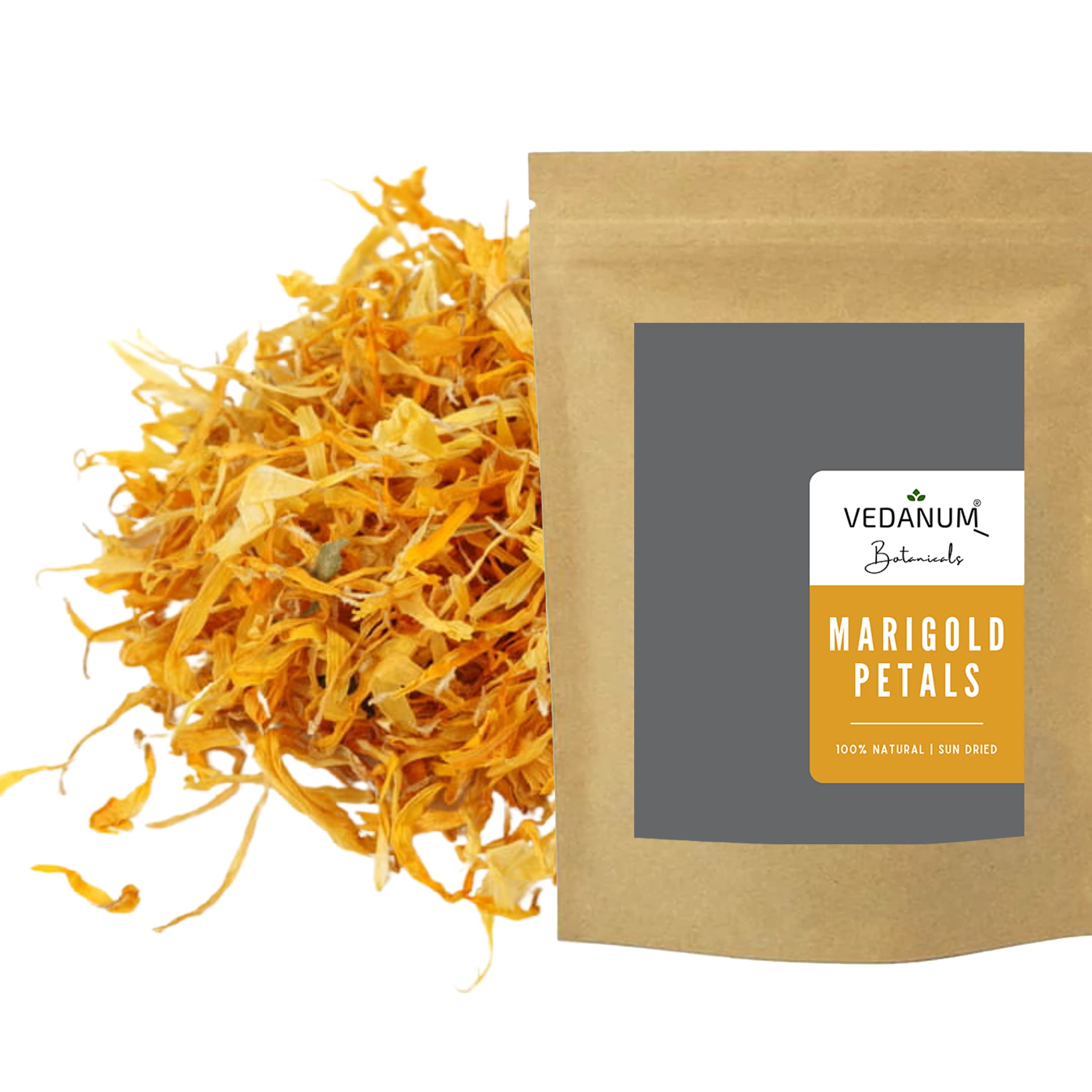 Vedanum Premium Natural Marigold Petals for Anti-aging, Acne Removal, Face Pack, Cosmetics, and Handmade Soap Making - 50 Gm