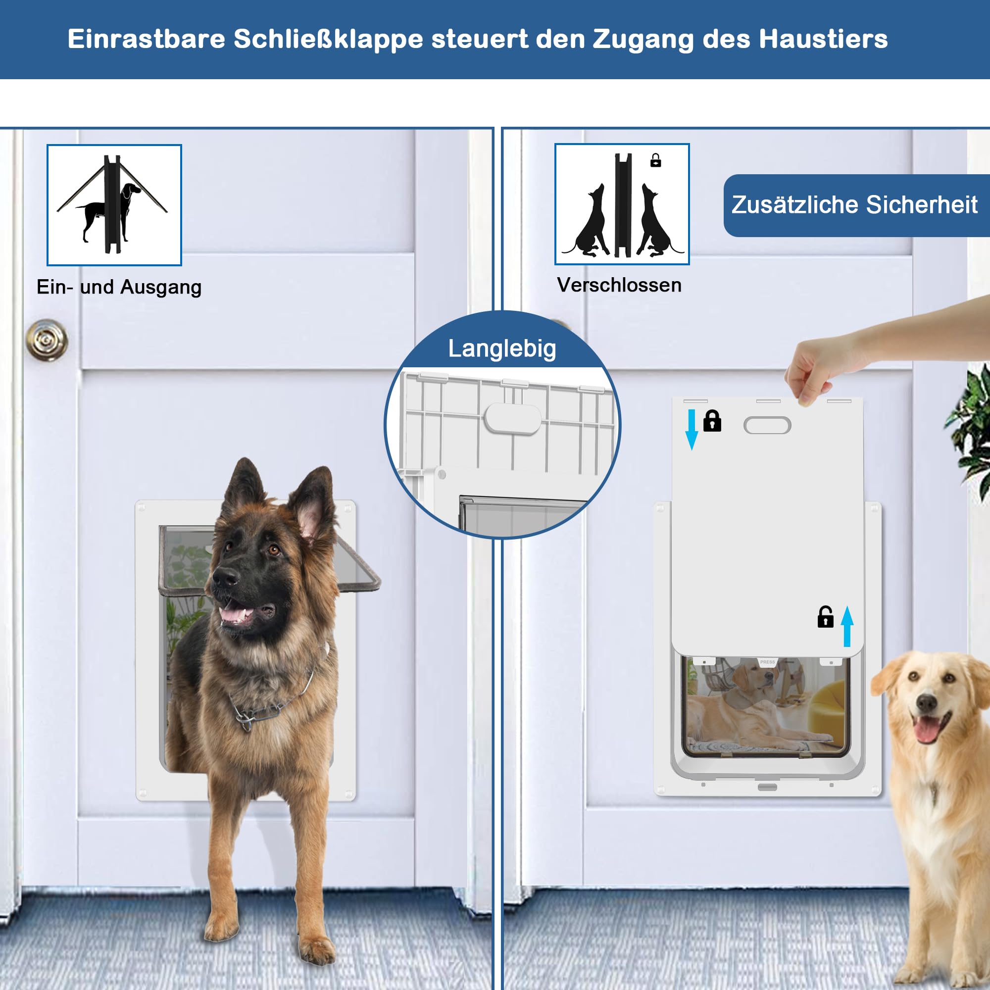 CEESC Große Hundeklappe für Haustiere bis 45 kg, wetterfeste Tierklappe für Katzen und Hunde, langlebig, inklusive Einrast-Verschlussplatte, geeignet für Innen- und Außentüren (Groß, Weiß)