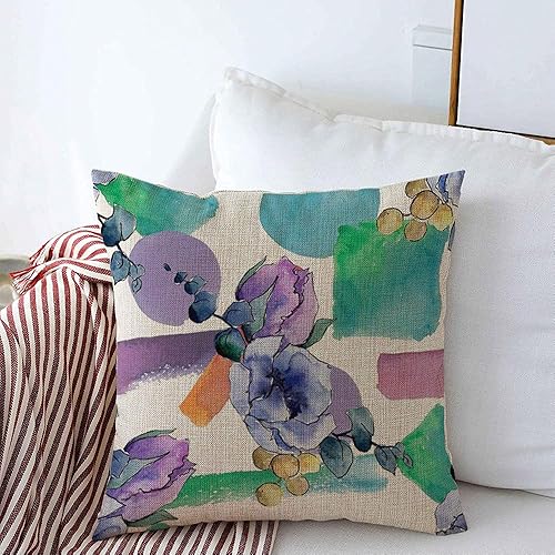 Decorative Square Throw Pillow Cover Linen Meadow Paint Textile Bouquet Botanical Flowers Wild Blue Seamless Spring Leaf Red Nature Textures Pillow