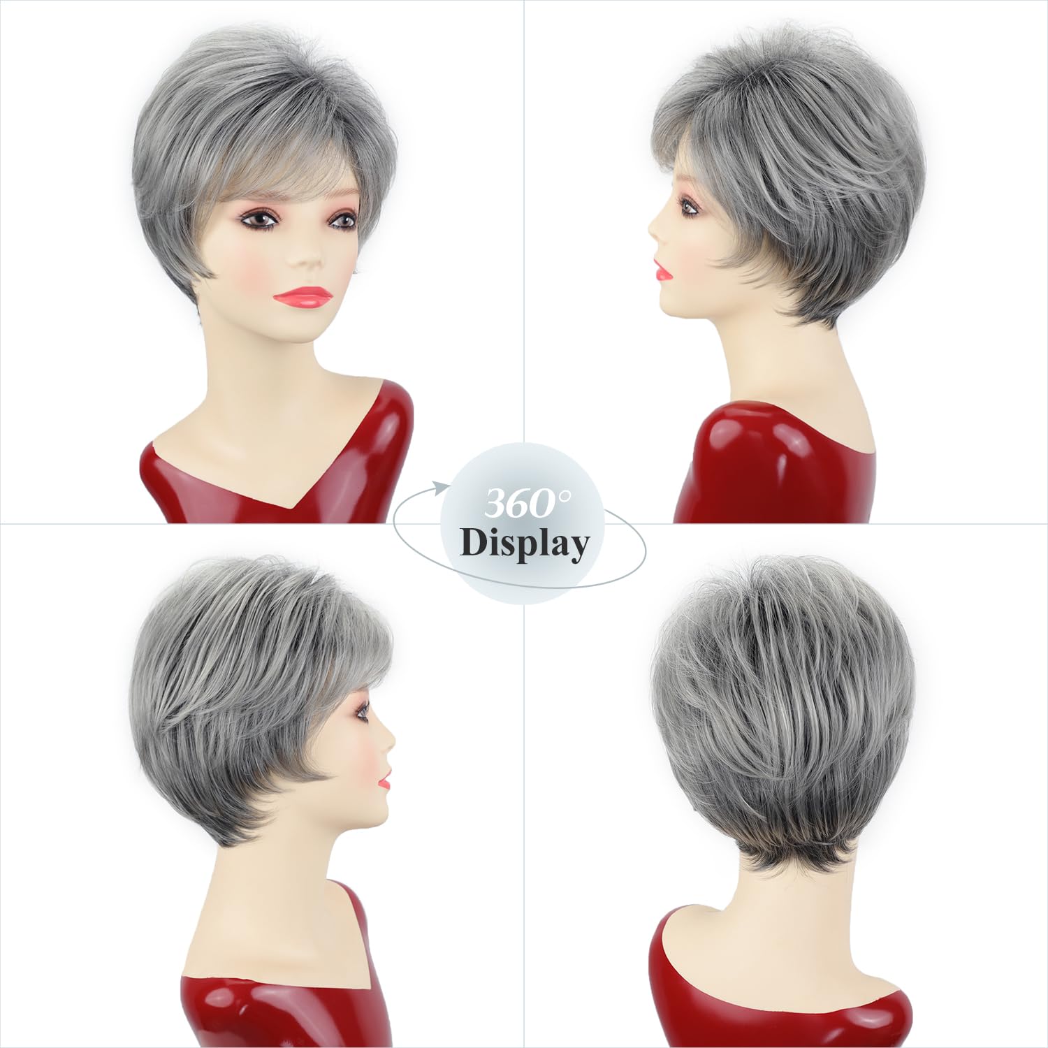 SEVENCOLORS Grey Wigs for Women Layered Pixie Cut Wigs with Bangs Synthetic Natural Hair Short Gray Silver Wig for Older Lady