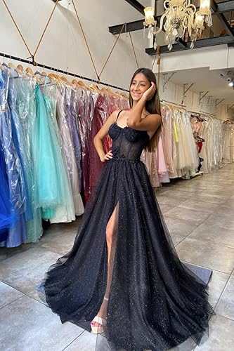 Miniatura 3 de Vestidos de graduación de tul con purpurina, tirantes delgados, apliques de encaje, flores de corazón, vestidos de fiesta de noche con abertura