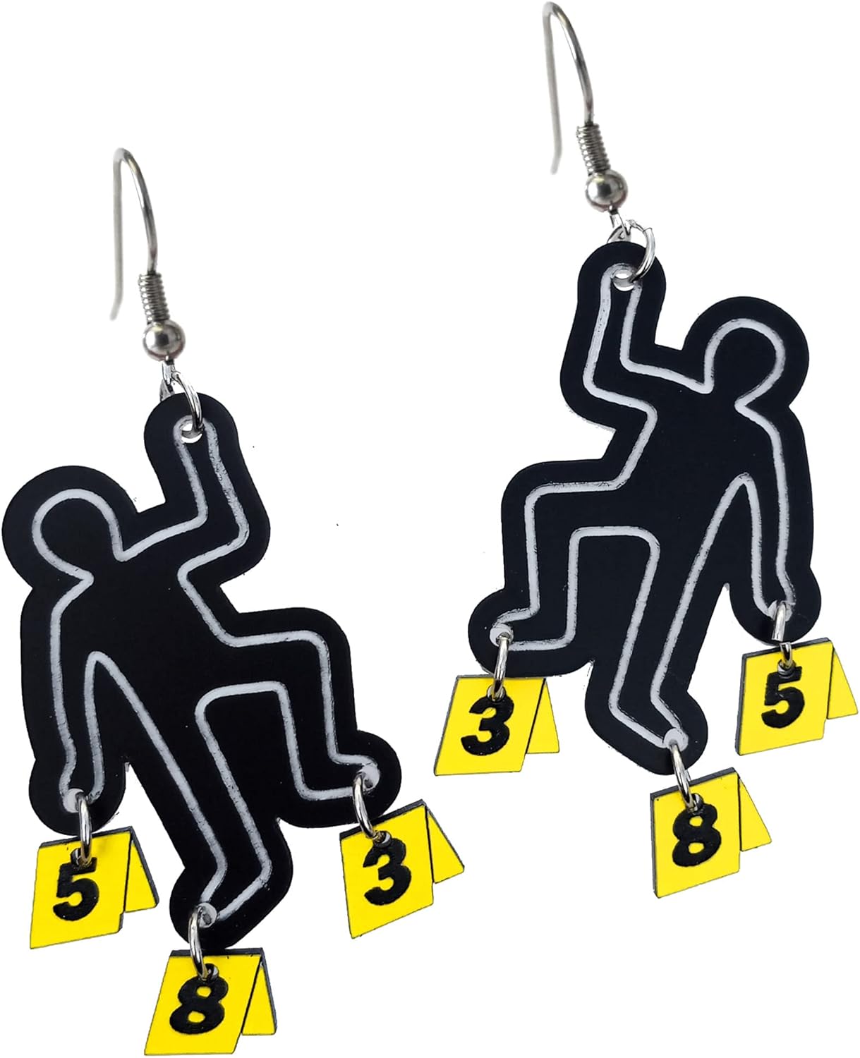 Body Chalk Outline with Evidence Markers Crime Scene Investigator CSI Dangle Earrings, Criminology Criminologist Murder Mystery Detective Whodunit Party Accessories