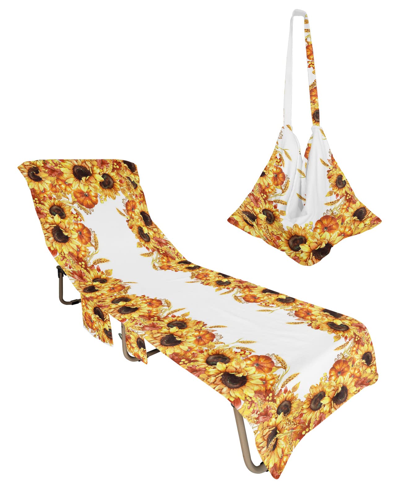 Fall Sunflower Beach Pool Patio Lounge Chaise Chair Cover Towel with Pockets,Absorbent&Quick Dry Towel Cover Bag Summer Travel Accessories for Sunbathing Thanksgiving Maple Leaf Pumpkin Orange