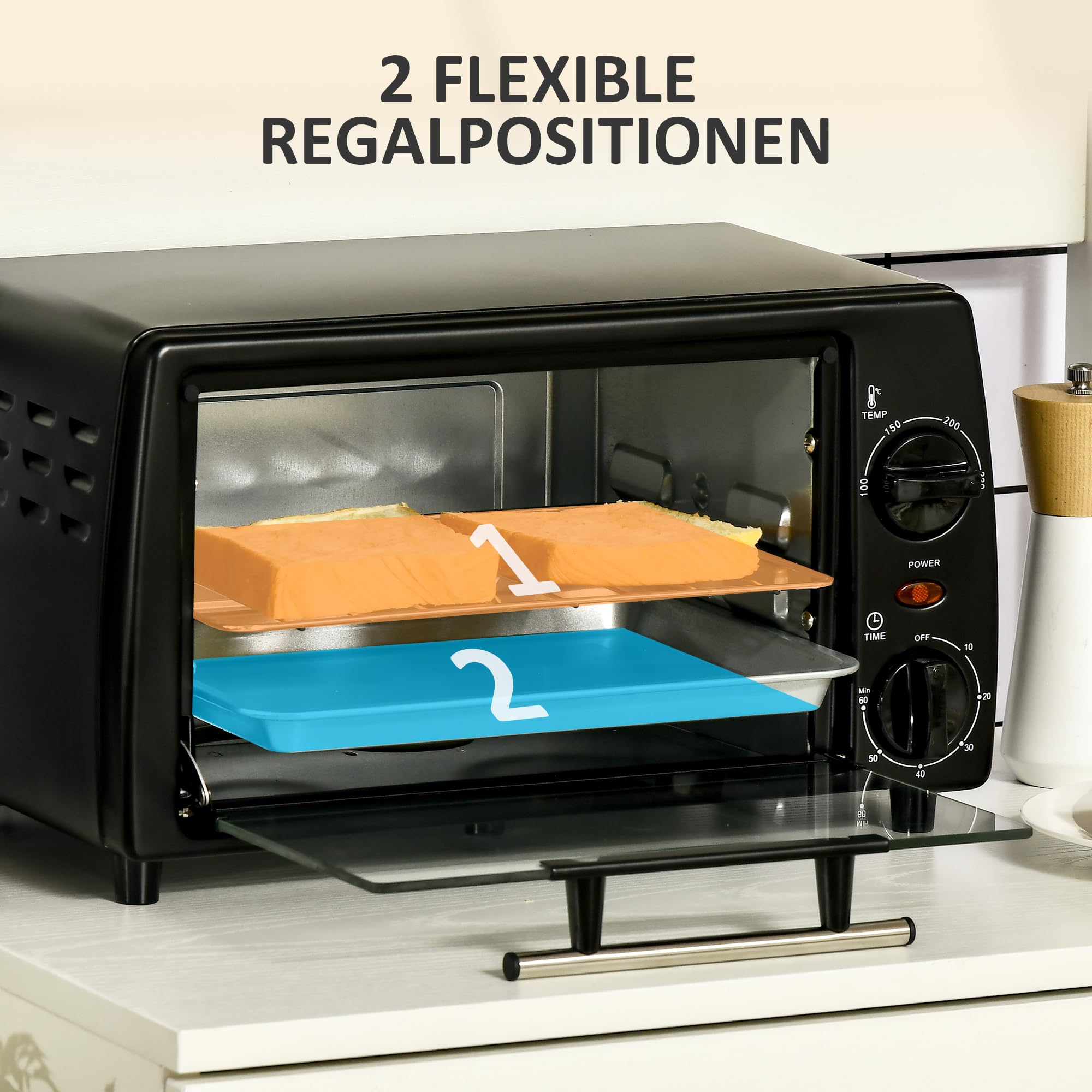 HOMCOM Mini Backofen 10 L 750W 100-230℃ 60 Min. Timer mit Backblech, Grillrost und Herausnehmbarer Bodenschale, Pizza-Ofen, Schwarz
