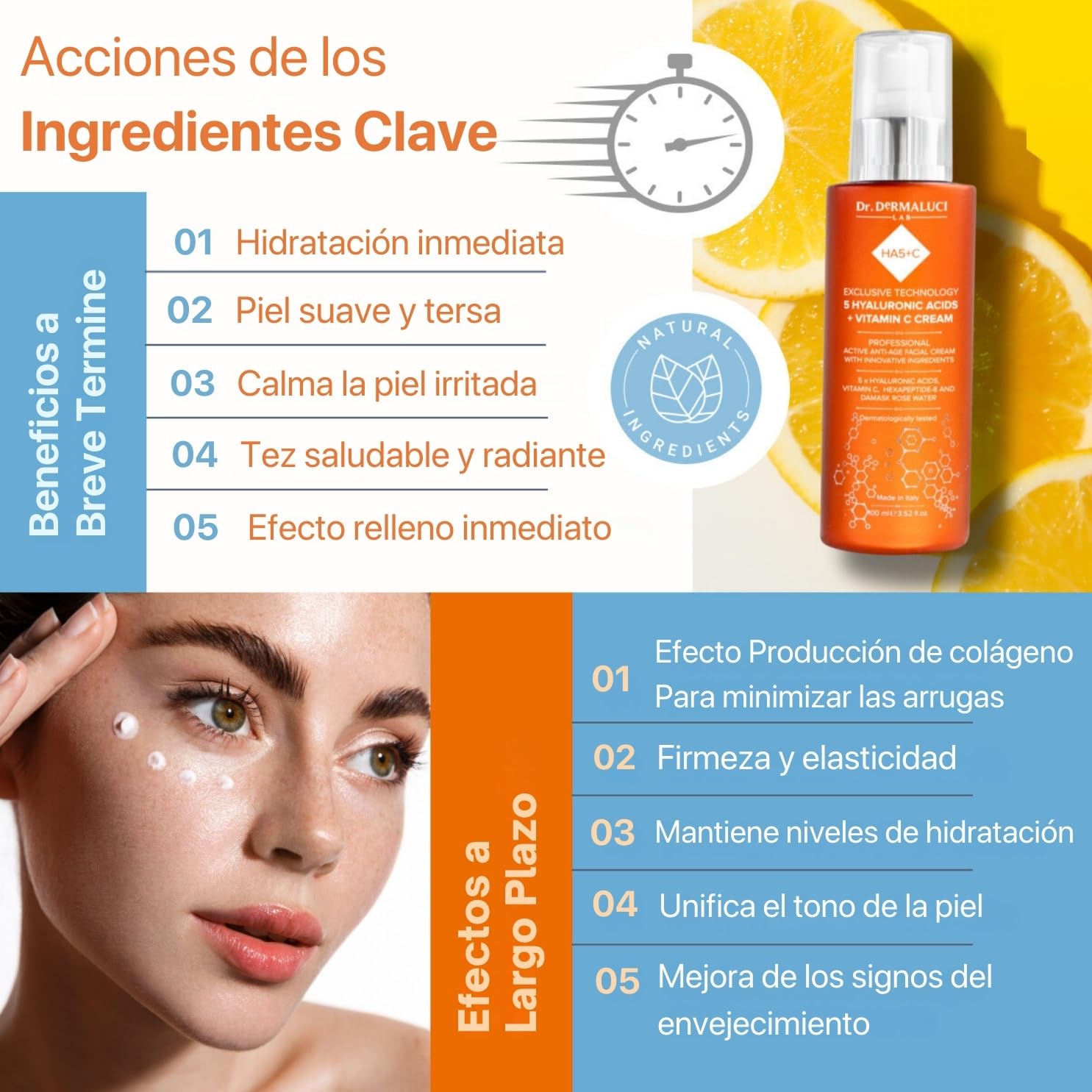 Dr. Dermaluci Lab Crema Facial Hidratante 100ml BIO - Antiarrugas, Reafirmante, Iluminador - Con 5 Acidos Hialuronicos, Vitamina C, Hexapeptido y Rosa - AIAB, Probado al Niquel, Made in Italy