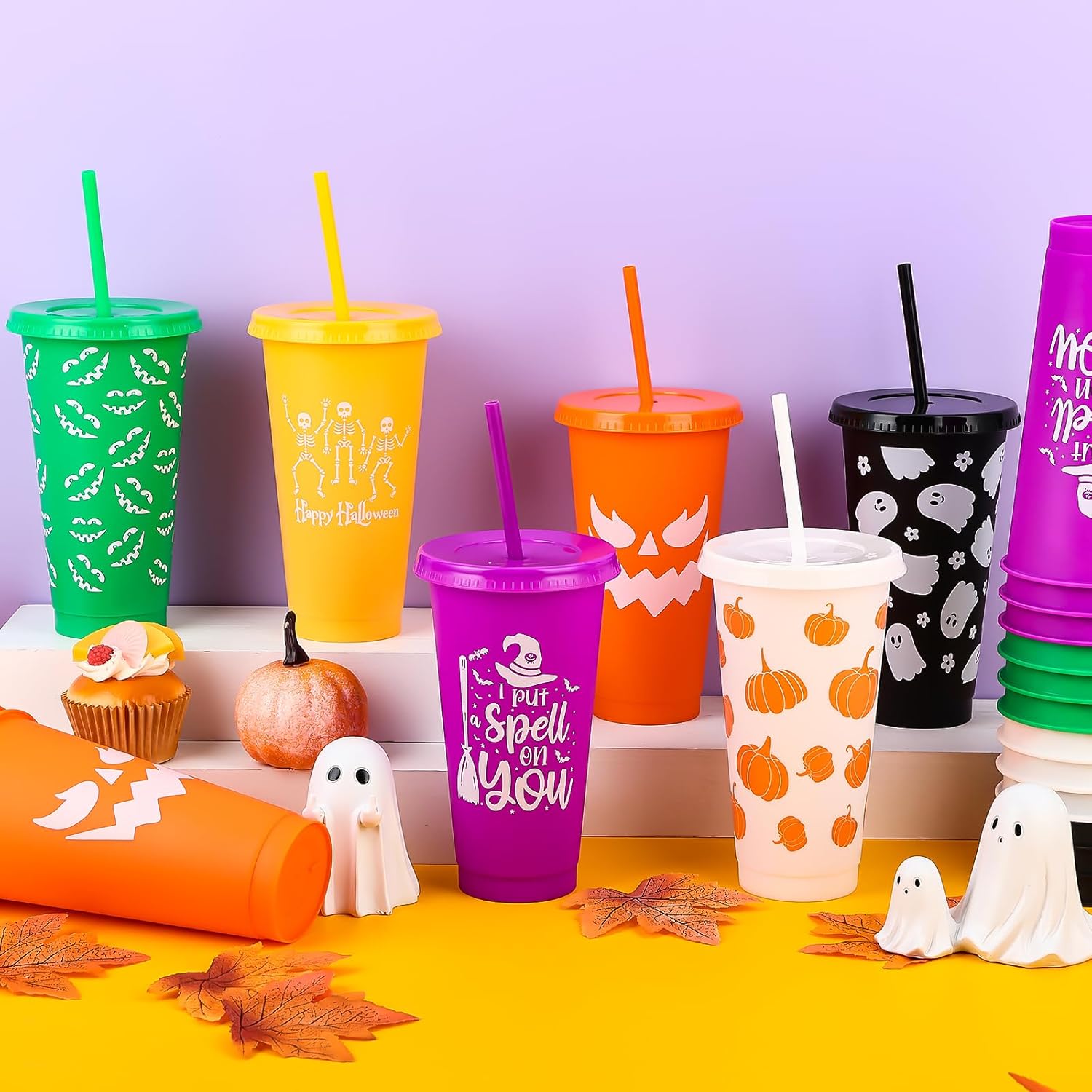 Yoiemivy 24 Pack Halloween Plastic Cups Bulk 24 oz Reusable Halloween Party Cups Cute Ghost Tumblers with Lids and Straws for Party Drinkware Supplies - Image 5
