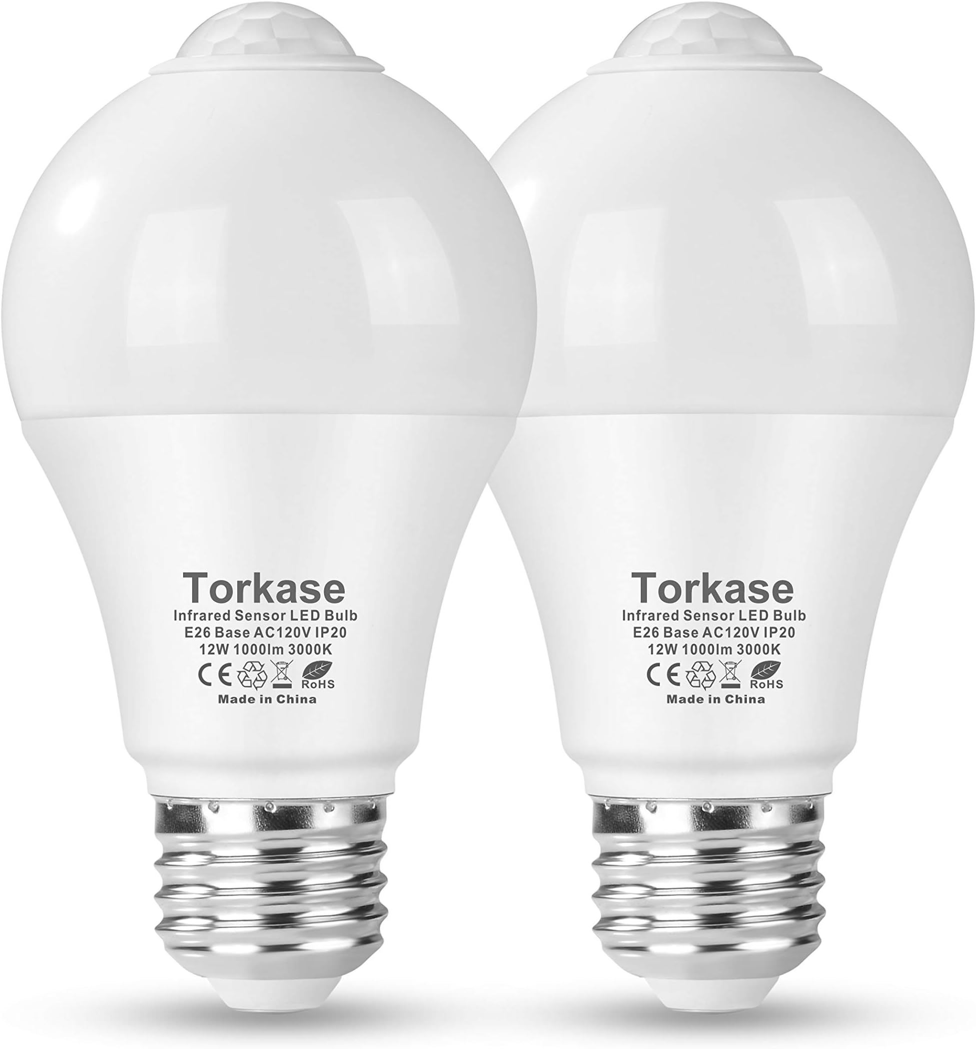 Torkase Motion Sensor LED Light Bulb, 12-Watt(100-Watt Equivalent), 3000-Kelvin Warm White, Automatic On/Off A19 Lighting Bulbs for Porch, Hallway, Front-Door, Garage, Basement, Stairs- 2PACK