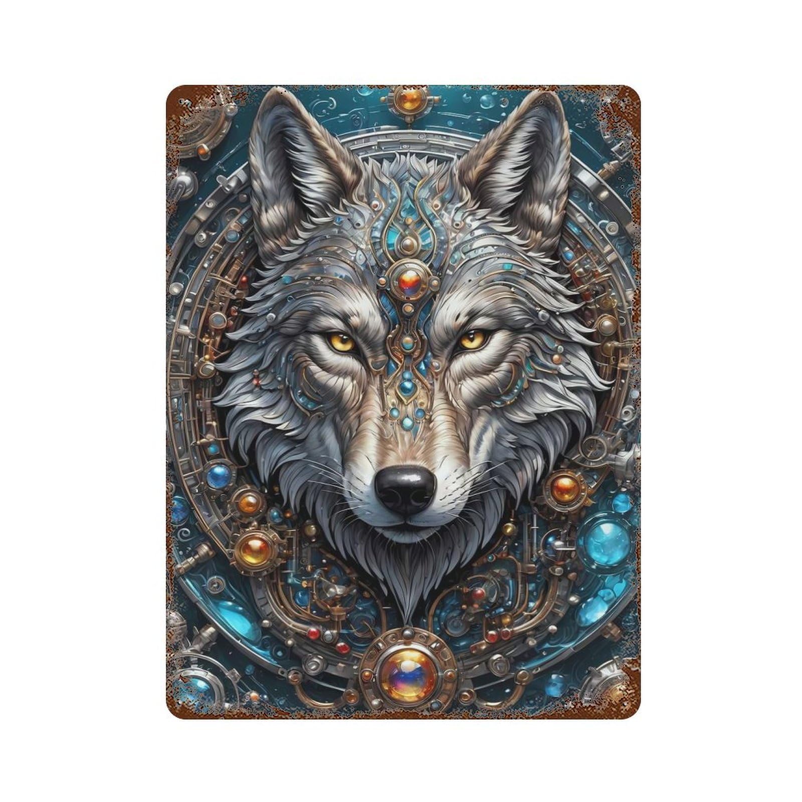 Vintage Rust Metal Sign Starlight Wolf Protector 15.7"x11.8", Old School Wall Decor for Garage, Bar And Workshop Decor