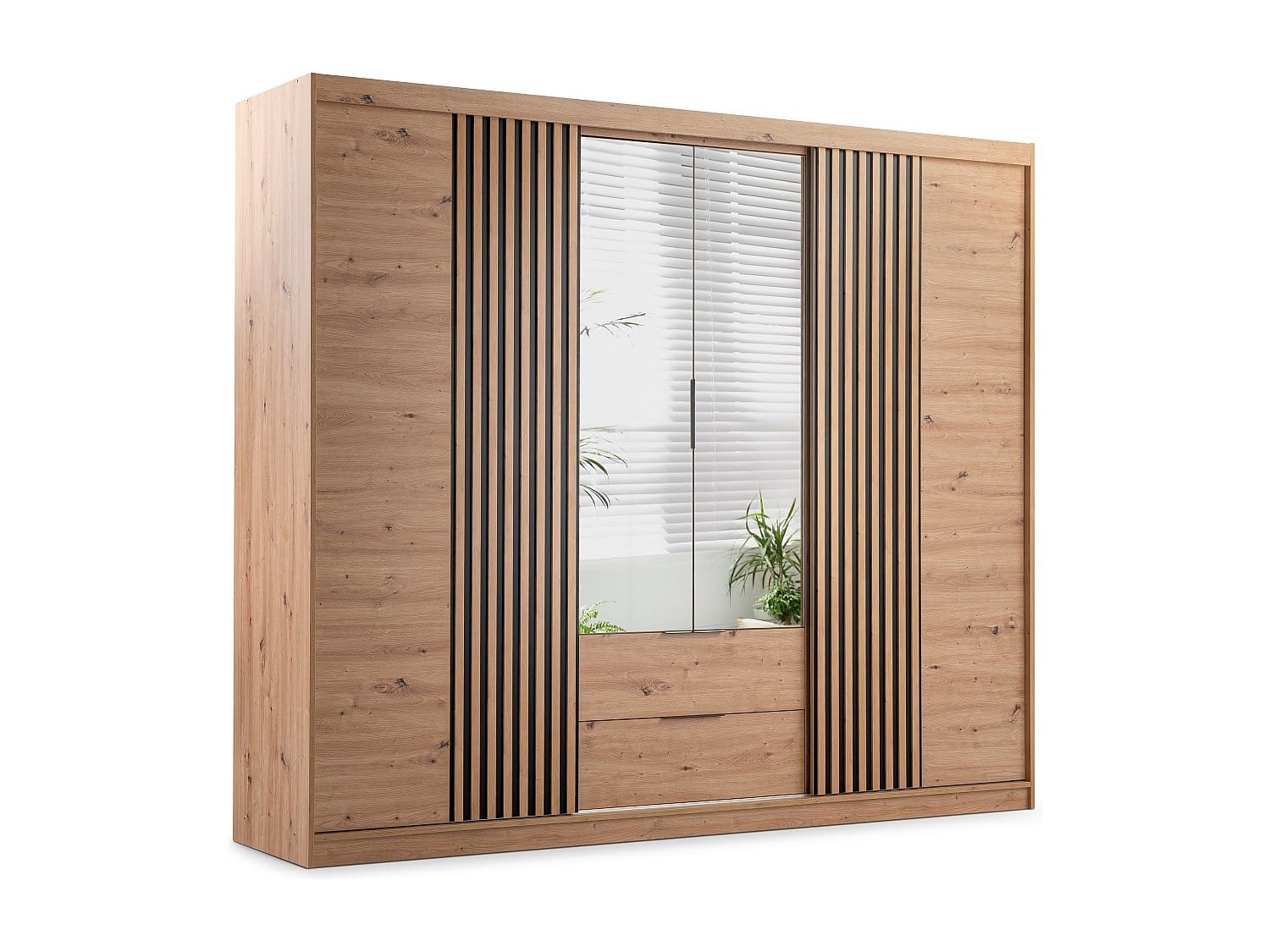 Vente-unique - Armoire 4 Portes et 2 tiroirs - avec Miroir - L250 cm - Coloris : Naturel - SIDOVIA
