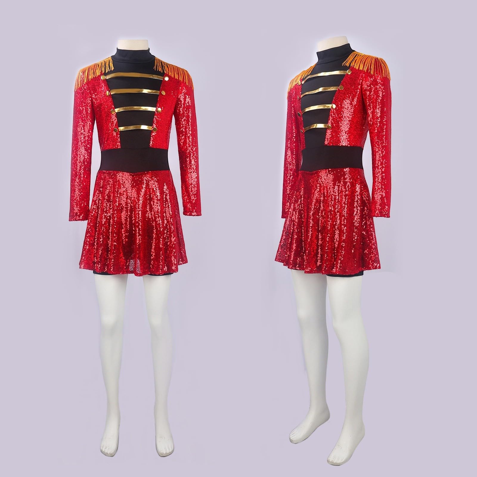Vestito da donna, costume da circo, con paillettes, gonna a pieghe, a maniche lunghe, con frange, direttore del circo, costume da ballo da donna