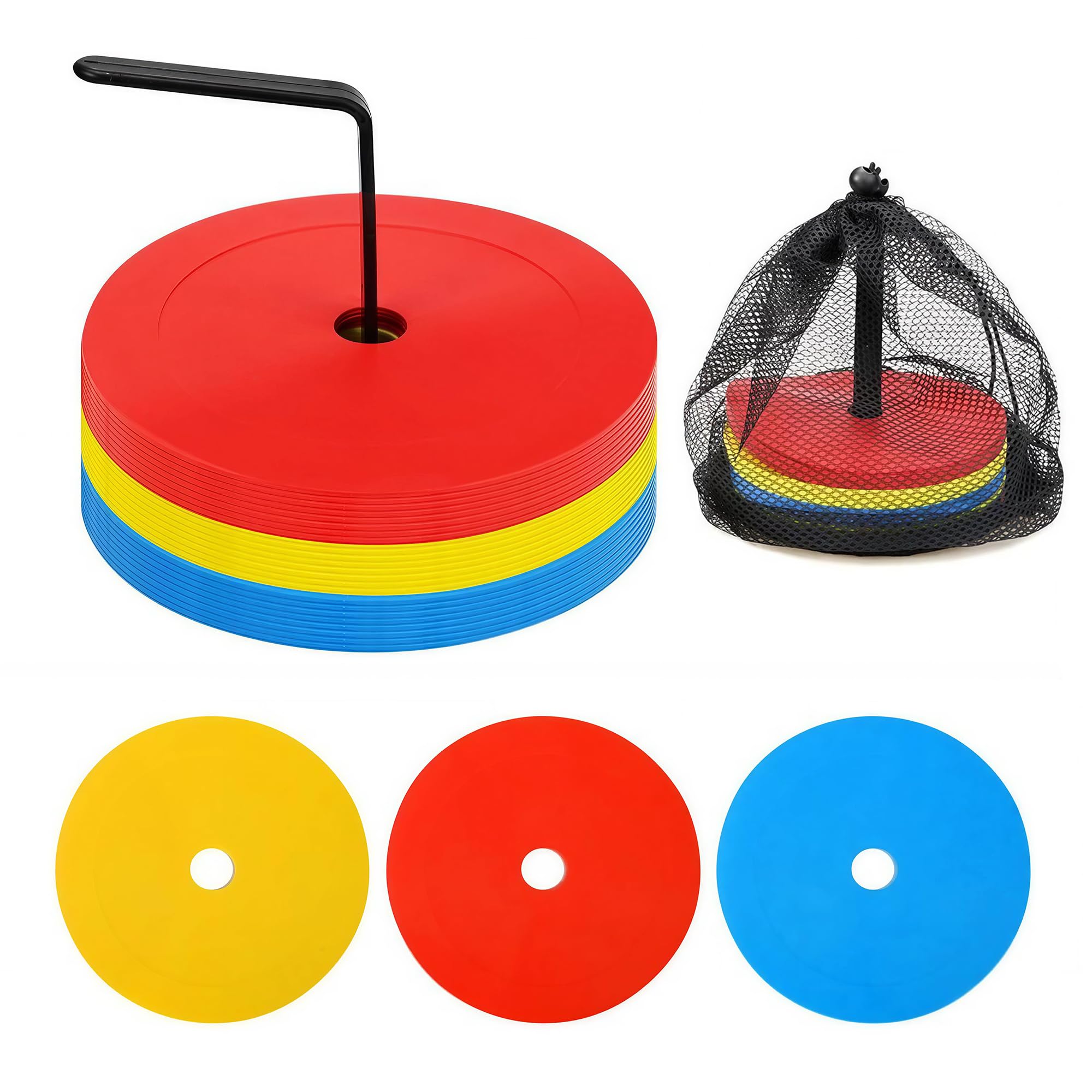 24er Markierungsscheiben Fußball Set 155mm – Flache Markierungshütchen mit Halter & Tasche – Trainingszubehör für Fußball, Basketball, Handball & Hundetraining – Rot Blau Gelb