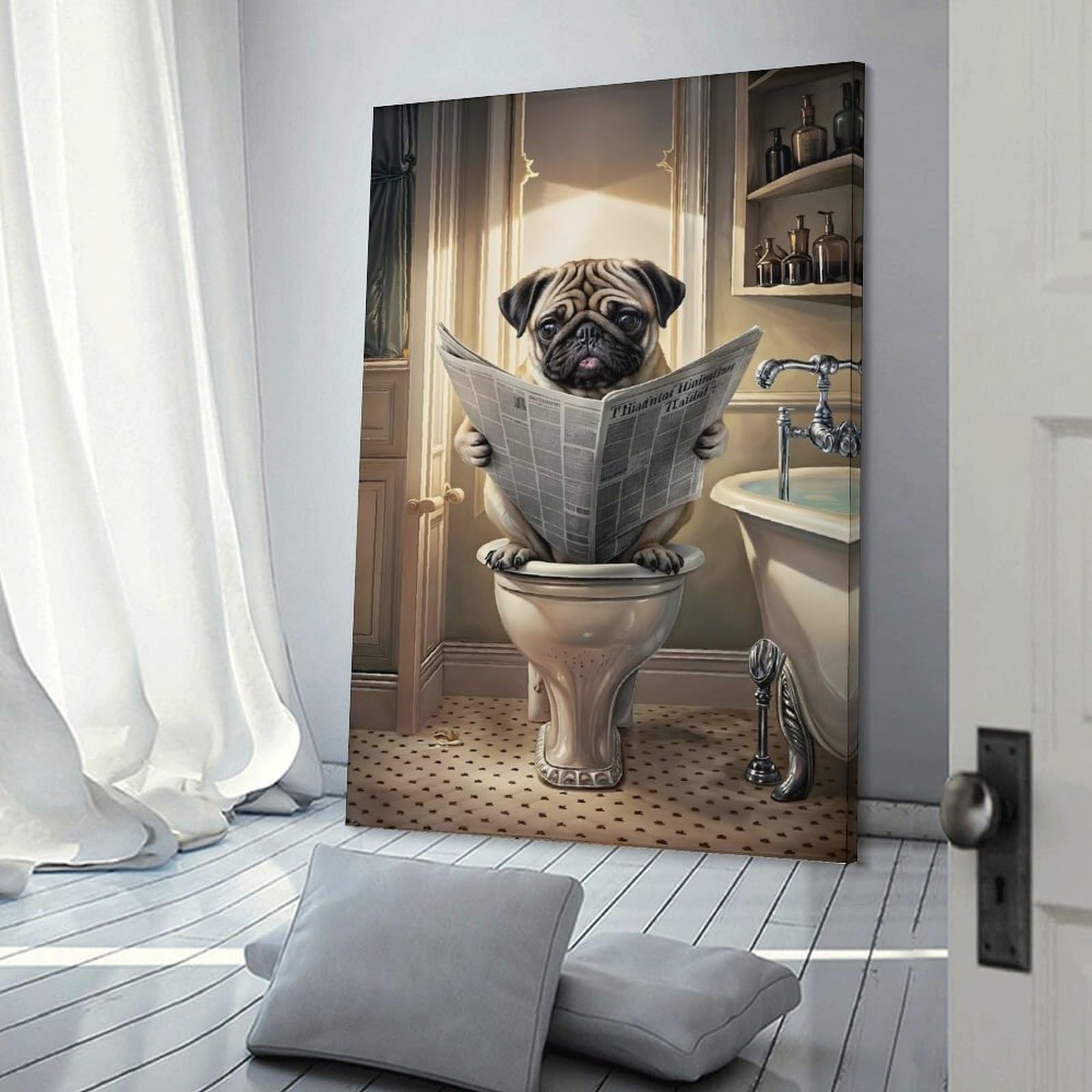 Junmoney Home Decor Wall Art Funny Pug in Toilet, 24x36inch(60x90cm), for New Homes, Bedrooms Or Workspaces, Home Decor Gift with Stylish Appeal