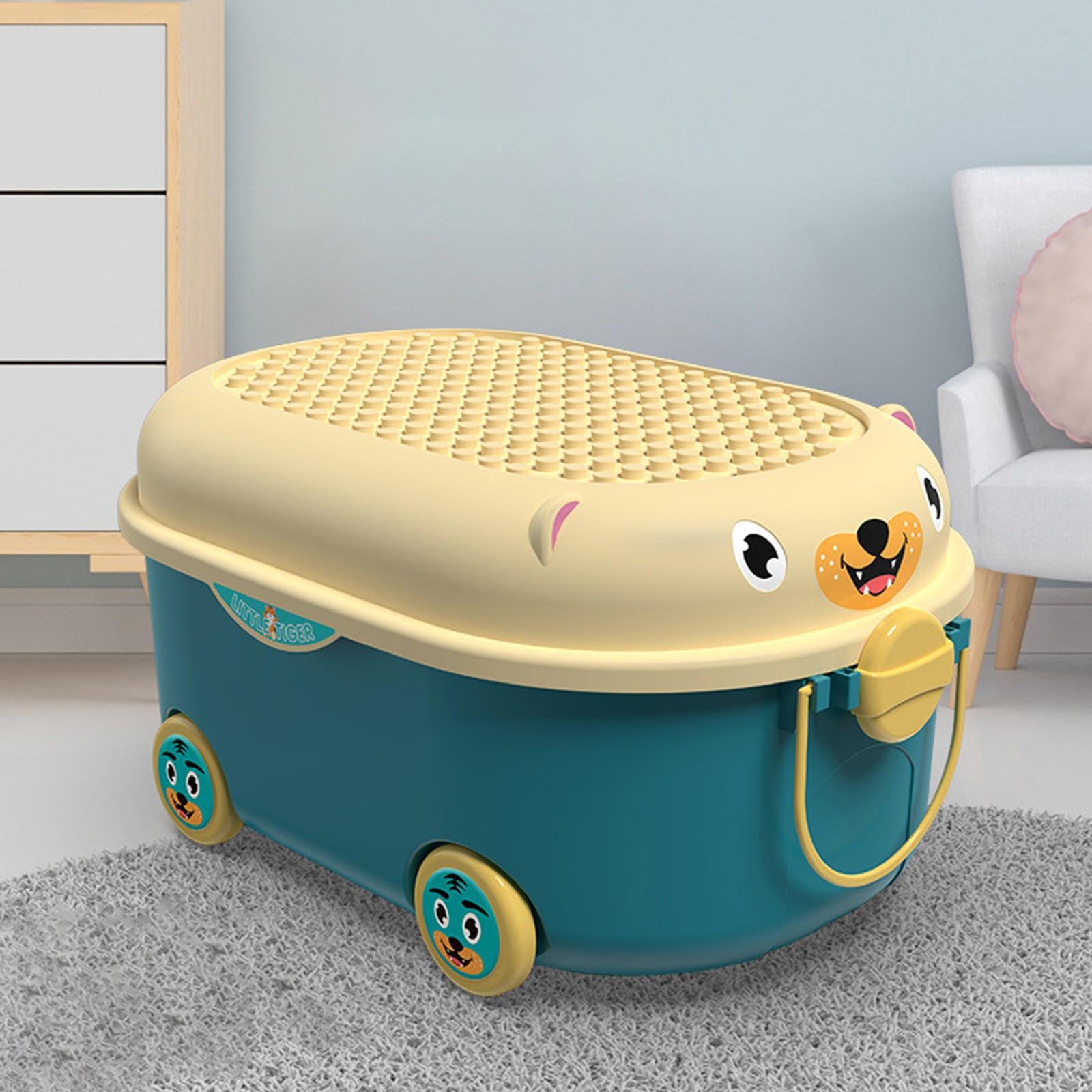 Juego de 2 cajas de almacenamiento de juguetes con ruedas con asas para cuarto de bebé, dormitorio de niños, juegos, azul, 45 x 30,5 x 21,5 cm