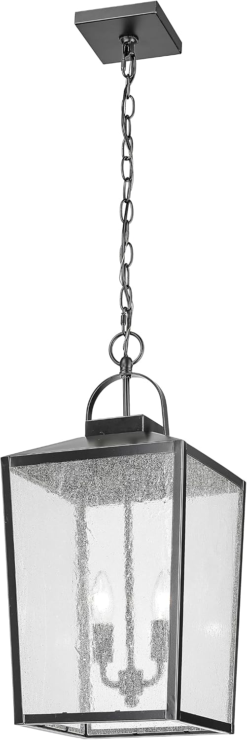 ML Lighting | Devens Collection | 42655-PBK | 22" Modern Two Bulb Outdoor Steel Large Hanging Lantern | Anti-Rust Powder Coat Black with Clear Seeded Glass Shade | Exterior Ambient Light for Safety