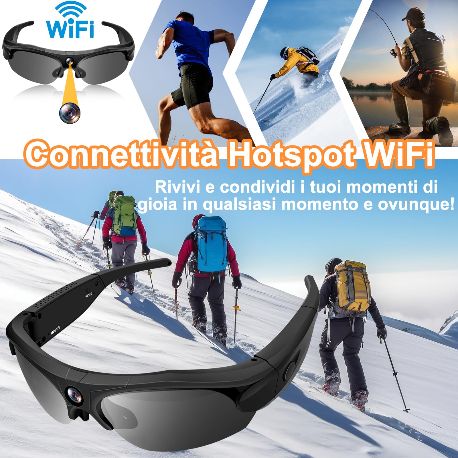 Occhiali con Telecamera 4K WiFi Grandangolo, Lenti Polarizzate | 100min batteria, 256GB SD, registrazione in loop, lenti UV, custodia inclusa