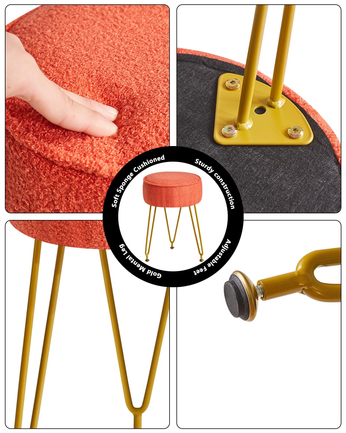 IBUYKE Poggiapiedi Rotondo in Velluto, Ottomano per Trucco Vanity, Soggiorno Camera da Letto, Arancione WBD009J