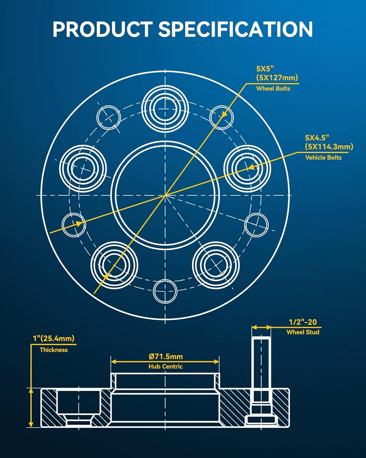 PHILTOP 5x4.5 to 5x5 Wheel Adapters 1“ Thread Pitch 1/2“ x20 Hub Bore 71.5mmHub Centric Wheel Spacers