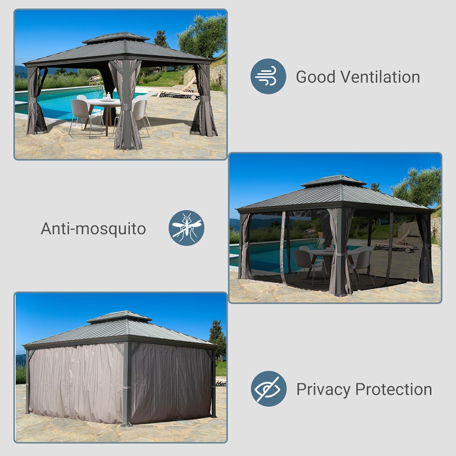 Domi 13' X 15' Hardtop Gazebo, Upgraded Metal Gazebo with Drainage System, Dual-Layer Galvanized Steel Roof, Curtain and Netting, Outdoor Shelter Canopy for Patio, Garden, and Backyard, Grey