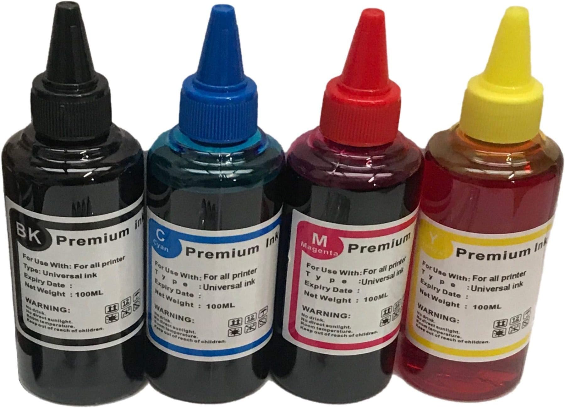 Universal Bulk Ink Refills Compatible with Epson HP Brother Canon Lexmark Ricoh Refillable Ink Cartridge and CISS Systems Black Cyan Magenta Yellow 100ml Each Color, 4-Bottle