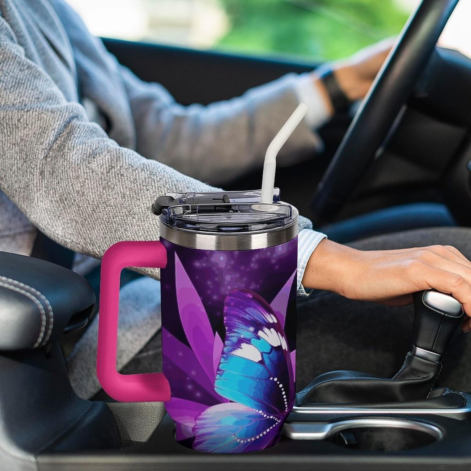 40 Oz Insulated Mug with Handle, Stainless Steel Blue Purple Butterfly Printed Travel Mug Portable Leak-proof Large Car Mug for Home, Office Or Car