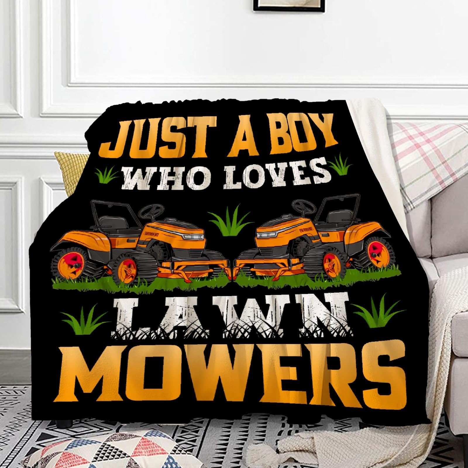 Lawn Mower Blanket for Boys Just A Boy Who Loves Lawn Mower Gifts for Men Soft Comfortable Throw Blanket for Bedding Sofa 40x50inches
