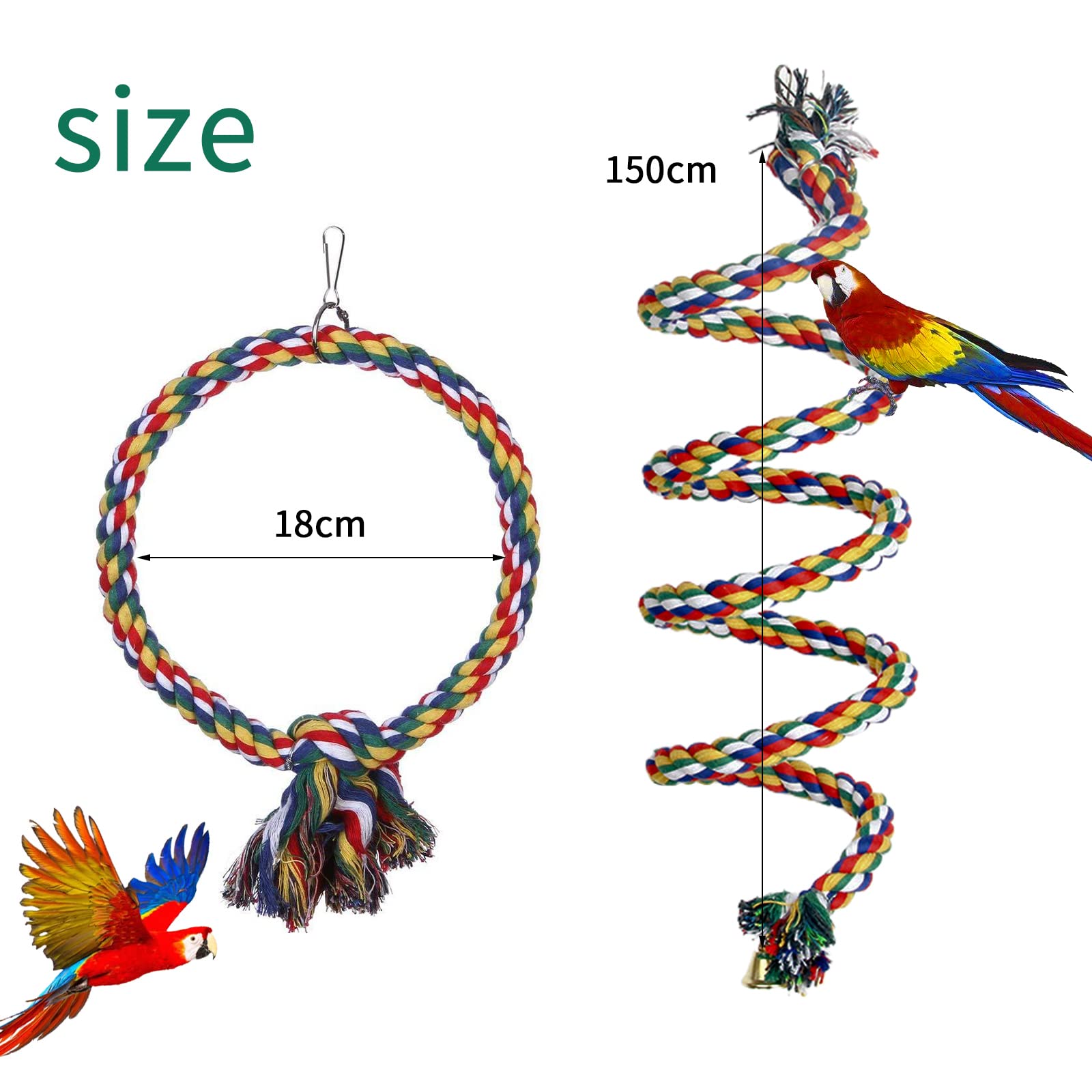 Giocattoli per uccelli pappagalli, 2 pezzi altalena per pappagalli parrocchetti da masticare con campanello, corda in cotone per uccelli da 59 inch e altalena per 7 inch di diametro