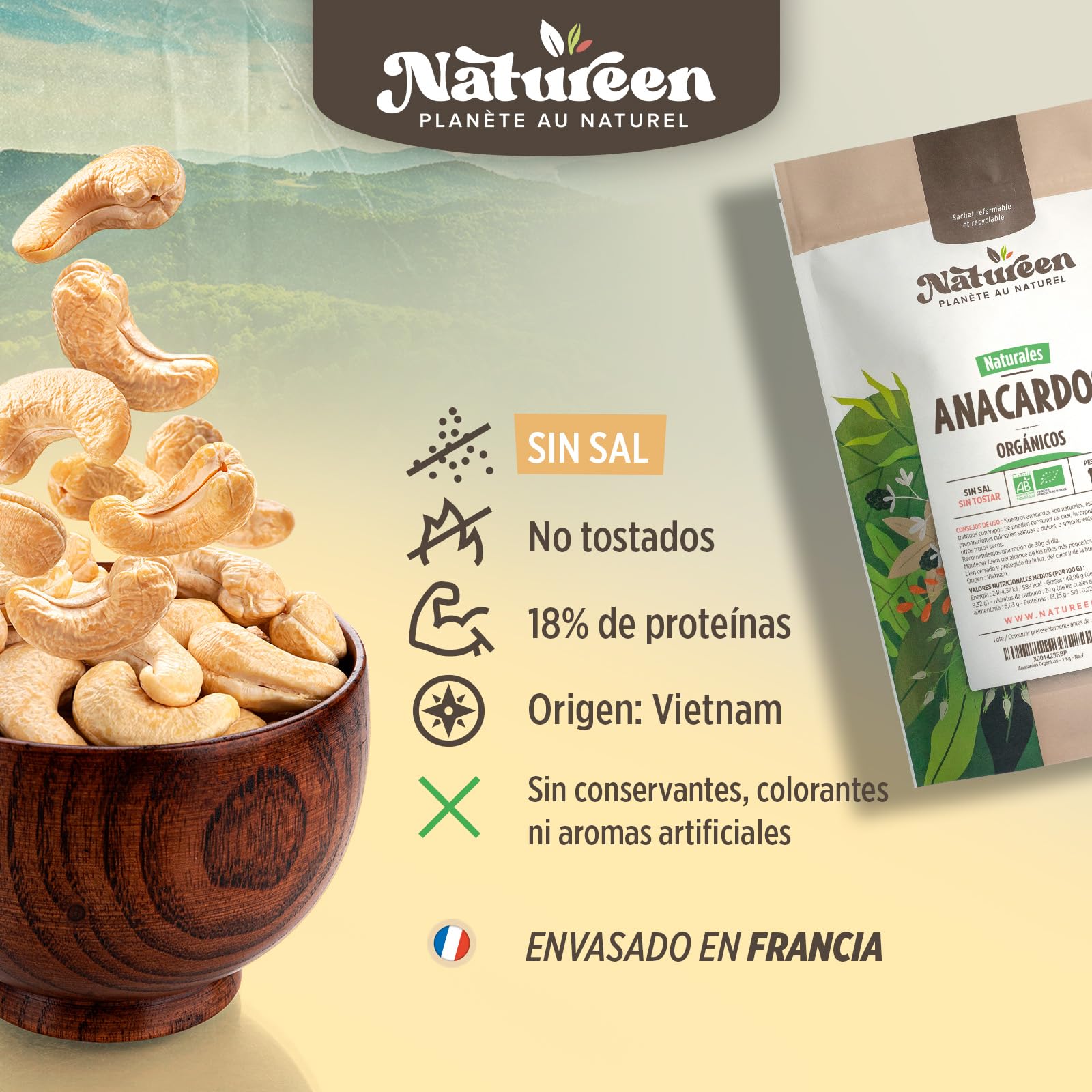 Anacardos Bio 1kg - Sin sal, Sin tostar, 100% Natural - En-cas, Colación, Cocina - Premium