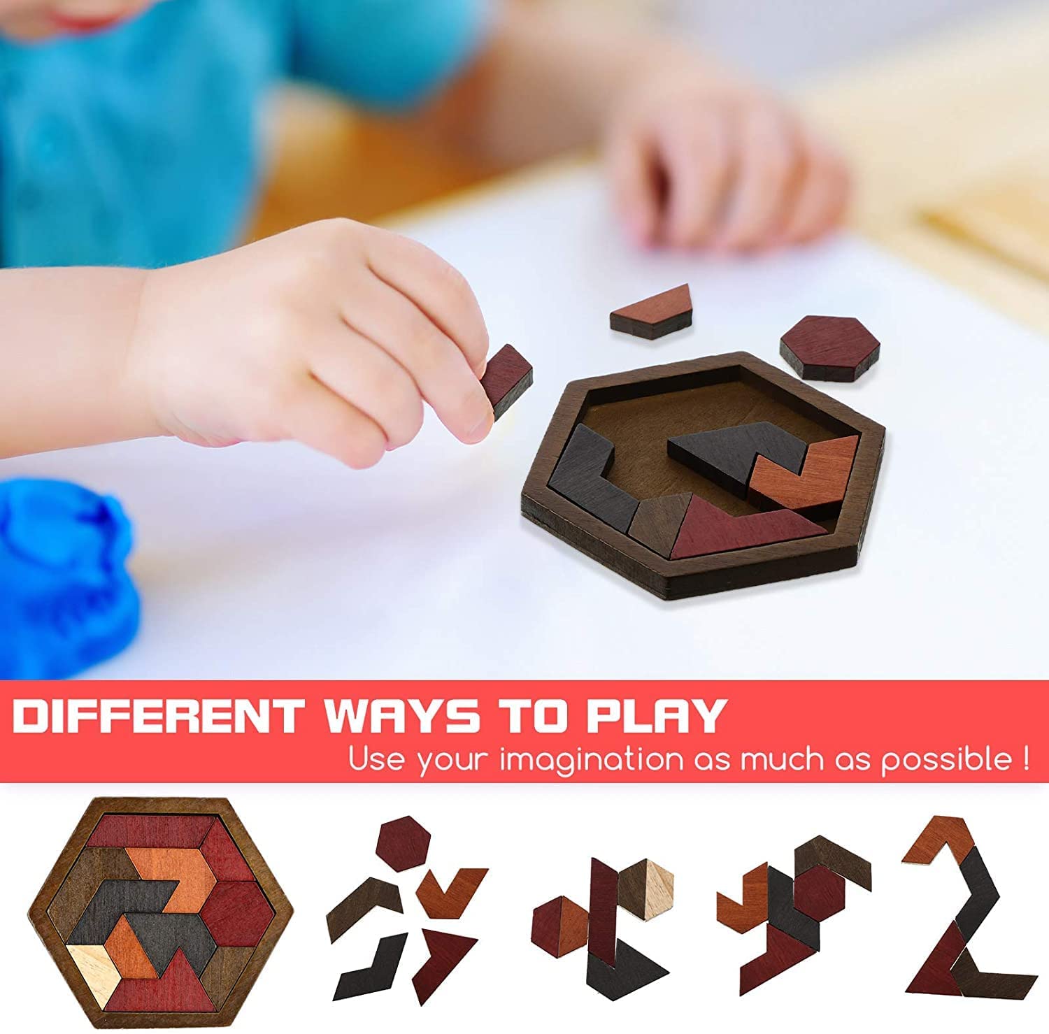 4 Pieces Wooden Hexagon Puzzle,Wooden Tangram Block Puzzle Brain