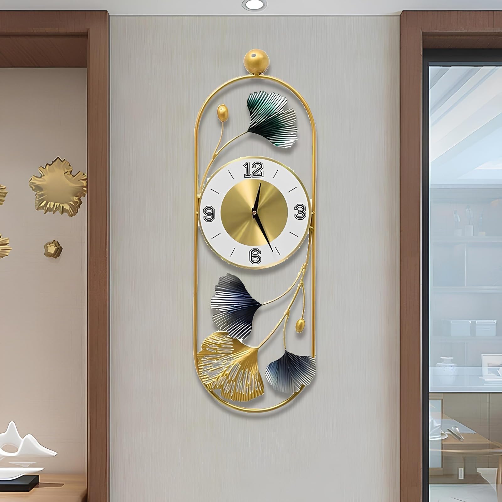 PulGos Decorative Metal Wall Clock – Big Stylish Leaf Design Clock for Living Room, Hall & Home Décor | Modern Wall Clock for Home, Wall Décor Items, Living Room Decoration & Elegant Hall Accessories