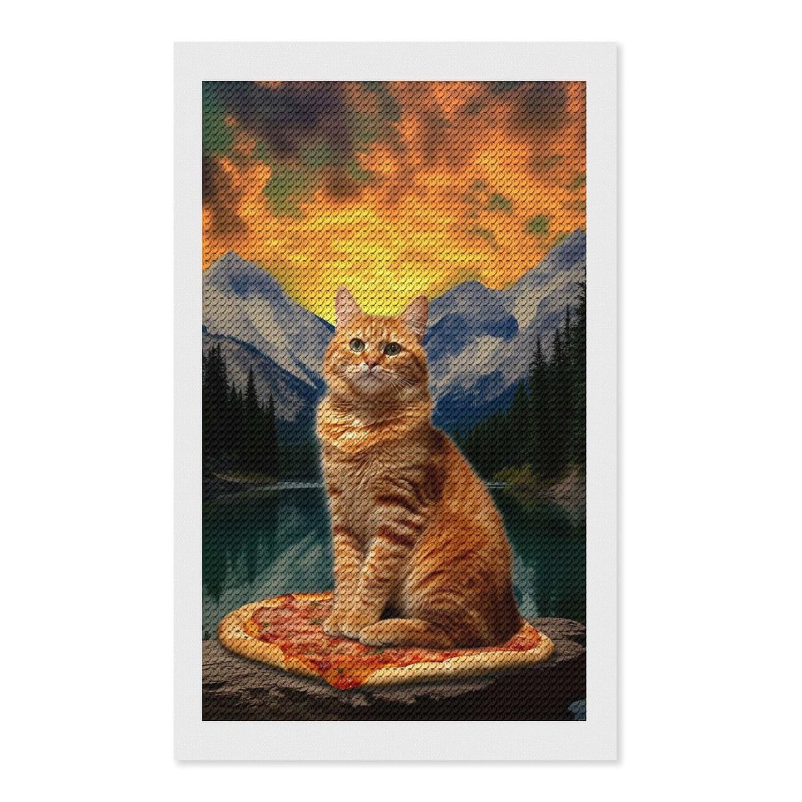 Junmoney Pizza Cat Teton Trek Diamond Painting Set 12"x20", Full Kit Included, Sparkling Round Gems, Farmhouse Decor, Festive Craft Gift