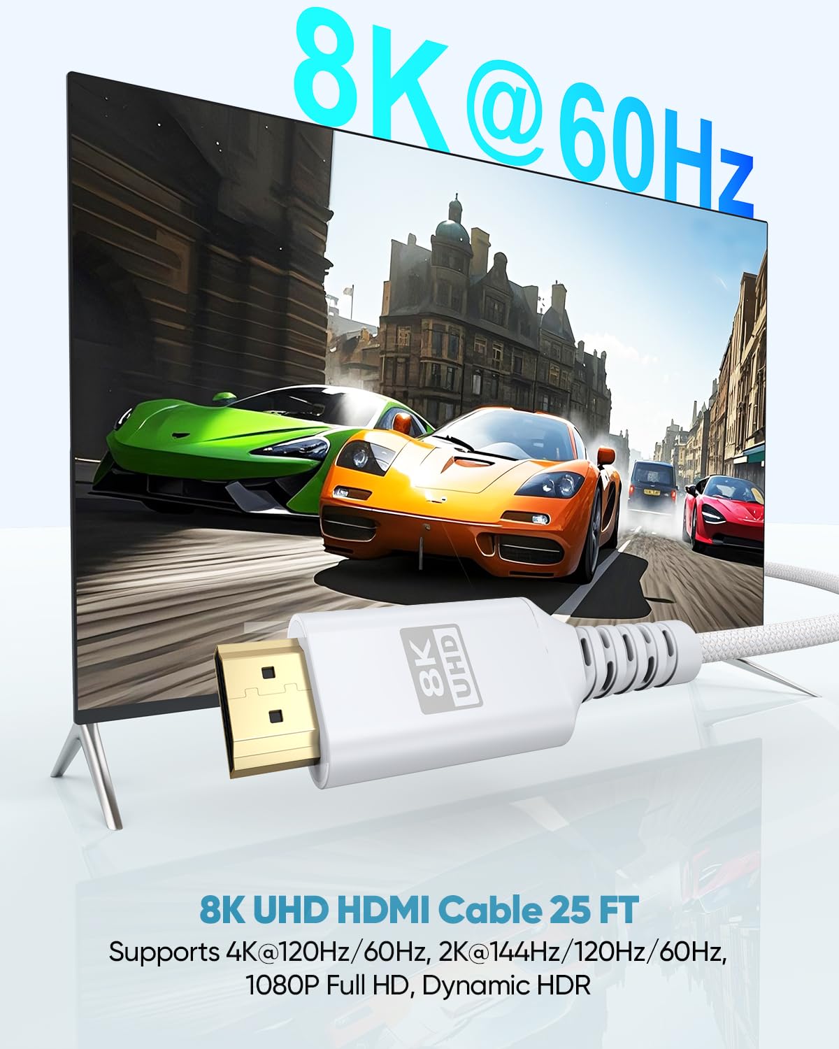 Cavo HDMI 2.1 da 8 K, 6,5 m, ultra alta velocità, intrecciato eARC, lungo cavo HDMI con 8K a 60Hz, 4K a 120Hz, HDR10+, Dolby, 3D, HDCP2.3 per laptop/monitor/HDTV/Soundbar/Blu-ray/PS5/Xbox
