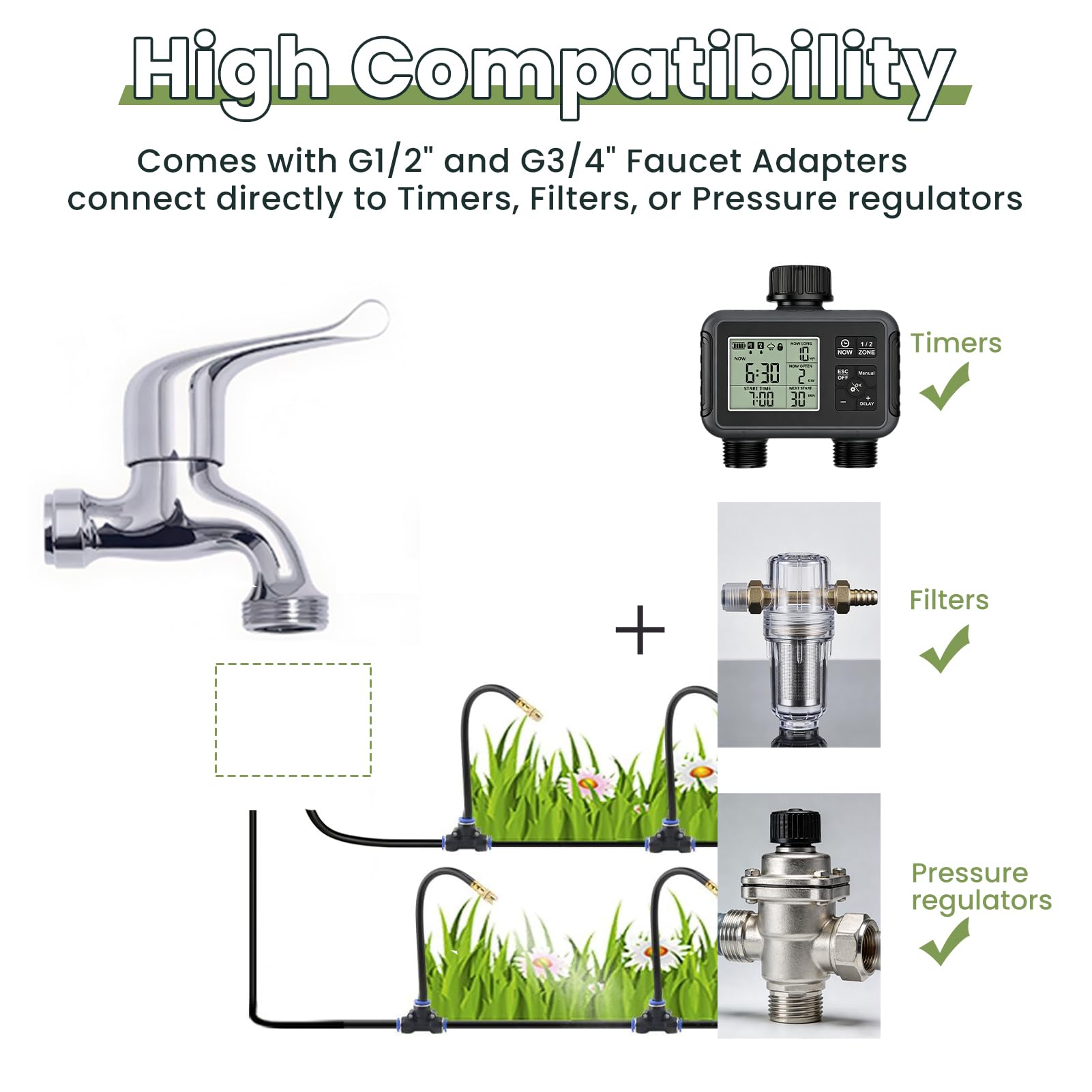 Sistema di irrigazione a goccia da 200 piedi con timer intelligente dell'acqua (doppio tubo) | Kit di irrigazione automatica da giardino, ugelli regolabili a 360° e tubo pieghevole per giardino, prato e serra