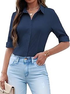 Camisas de manga 3/4 con botones para mujer, blusas de vestir casuales con cuello Oxford