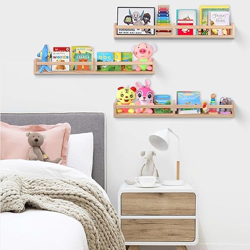 Miniatura 4 de birola Juego de 3 estantes de pared para cuarto de bebé, estantes de pared de madera natural para habitación de los niños, estante de libros para