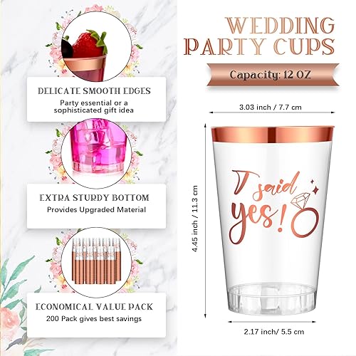 Miniatura 4 de Sunnyray 200 tazas de plástico con borde de oro rosa de 12 onzas, vasos de plástico transparente para novia, tazas desechables de dama de honor para