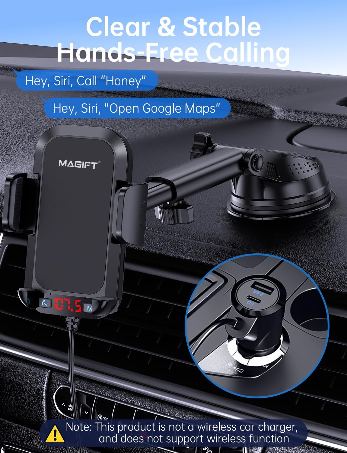 Bluetooth Car Adapter 3 in 1 FM Transmitter Car Radio Bluetooth Transmitter with Phone Holder, QC3.0 Fast Charging, Strong Microphone, HiFi Bass Sound, Hands-Free Call, Support USB/TF Drive