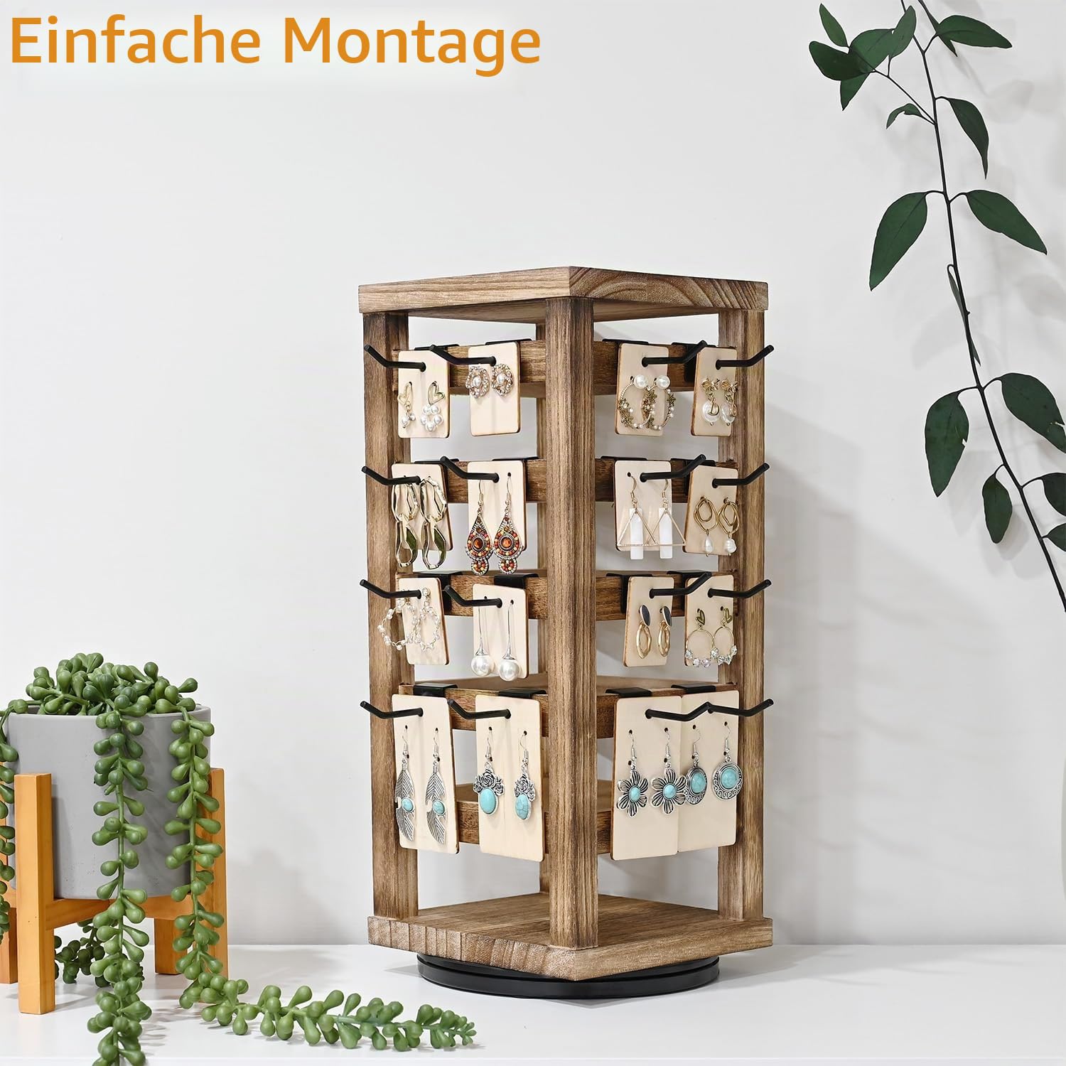 Ikee Design Schmuckaufbewahrung aus natürlichem Holz, drehbar, mit 42 Haken, Holz-Zubehör-Turm, Eichenfarbe, 19,1 cm B x 19,1 cm T x 39,9 cm H