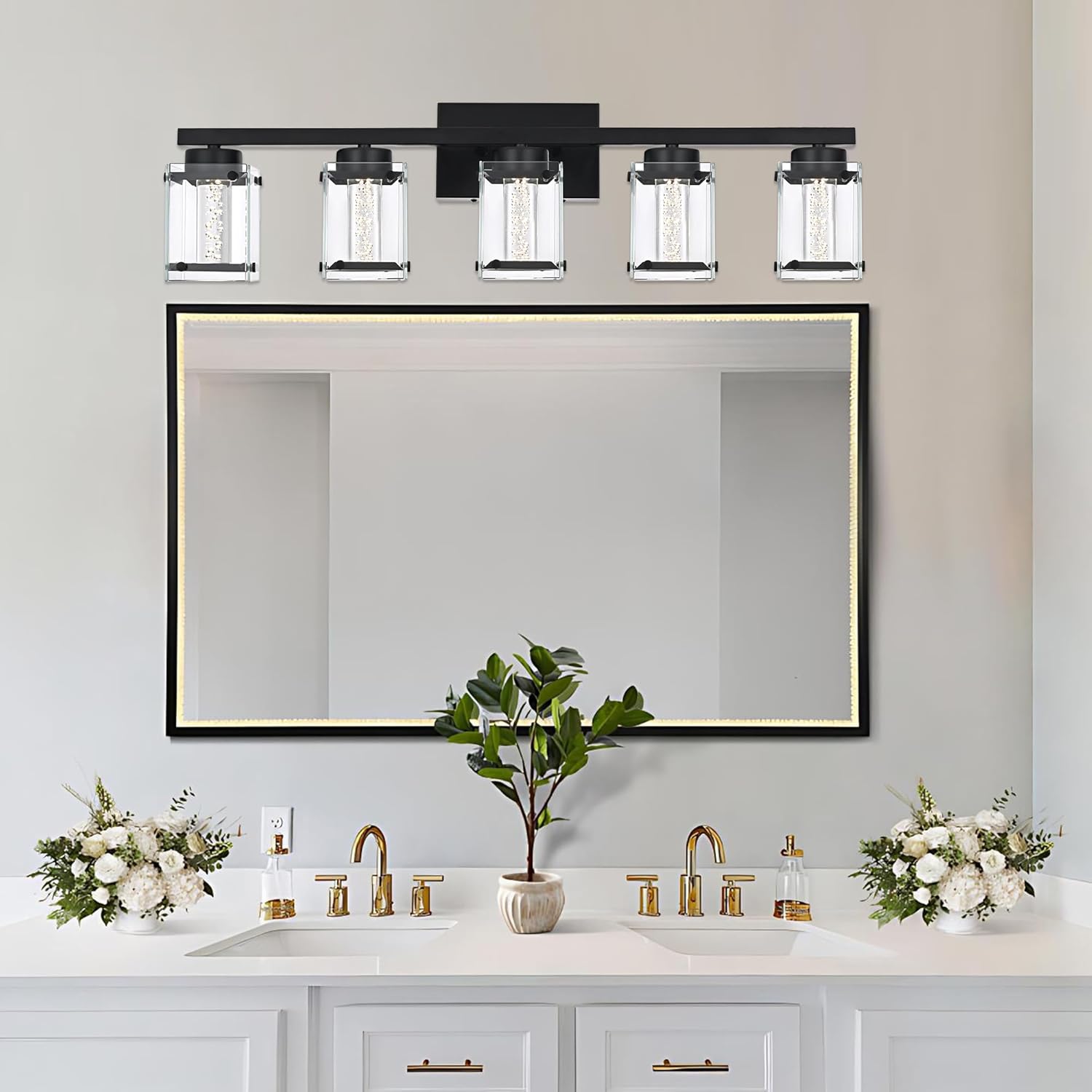 VINLUZ 5-Light in Black Finish Vanity Light with 5 Color Modes,Dimmable Modern Wall Mounted Lighting Over Mirror, LED Bathroom Light Fixture with Clear Glass Shade and Crystal Bulb