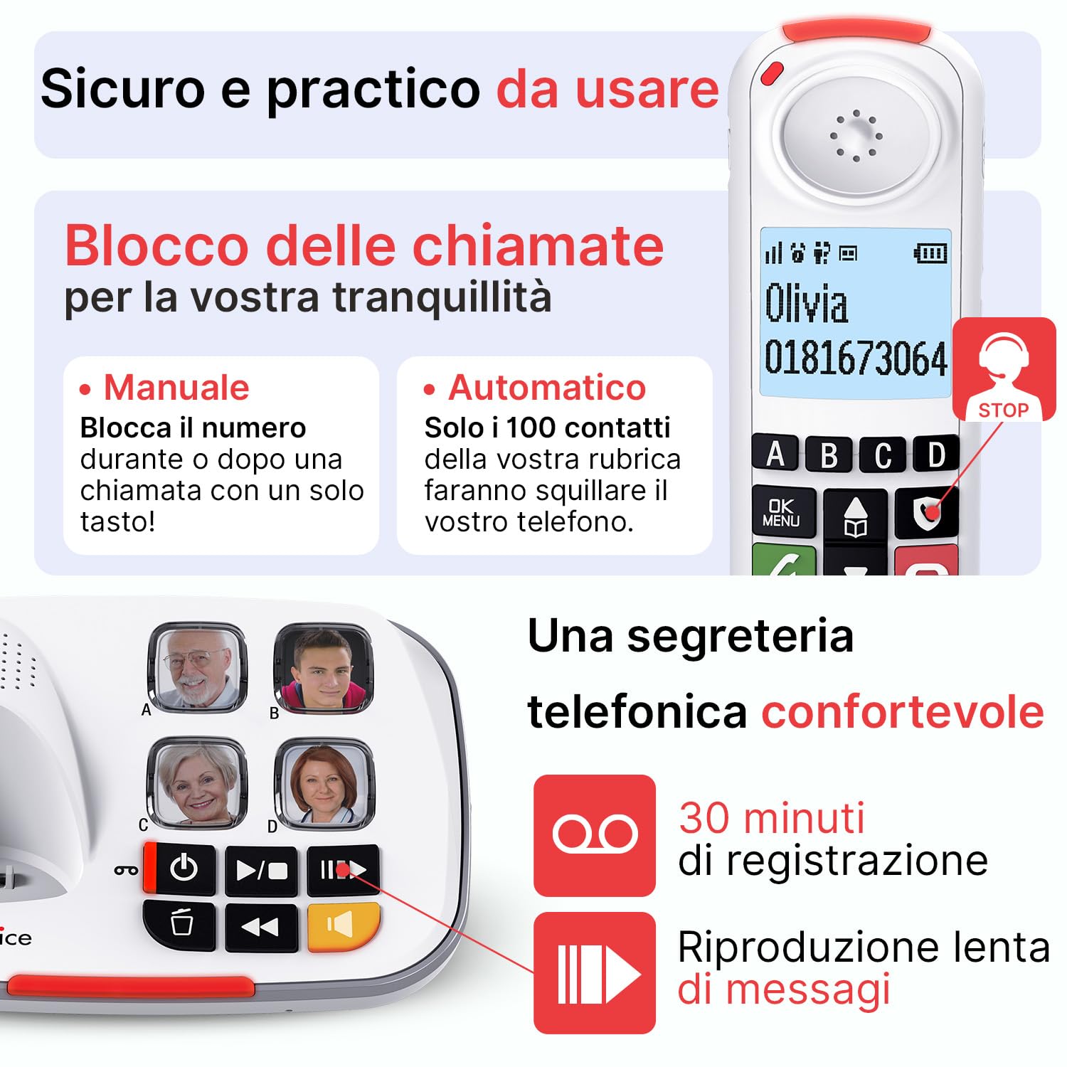 SWISSVOICE - Xtra 2355 - DECT - Telefono fisso cordless per anziani con segreteria - Tasti grandi - Audio Boost - Suonerie forti - Compatibile con apparecchi acustici - Blocco chiamate