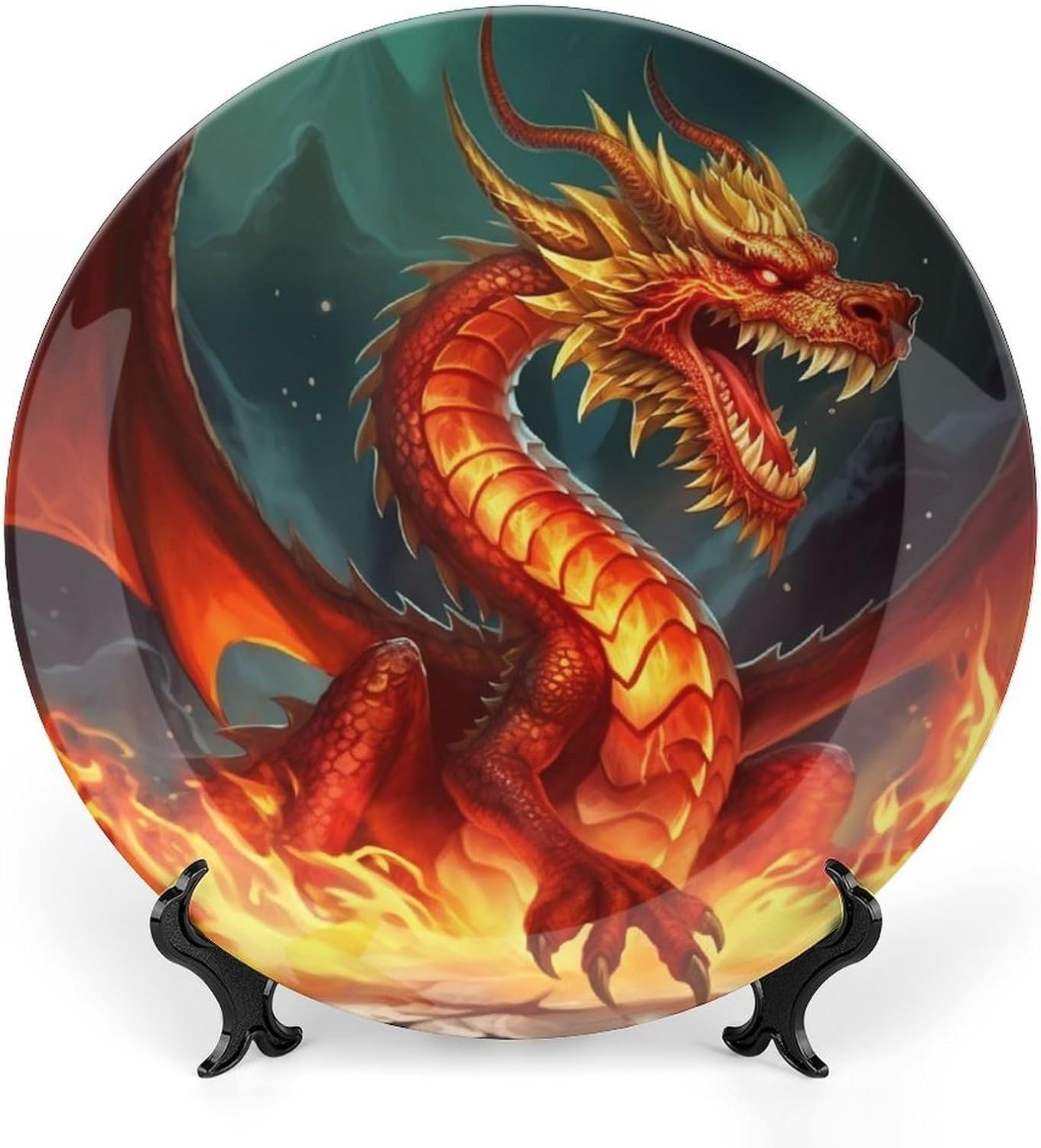 Dragon King in Fire Ceramic Plate 10inch Decorative Bone China Wall Hanging Ornament Plates Bohemian Style Dinner Plate with Display Stand Cabinet Display Plates for Home Art Decor