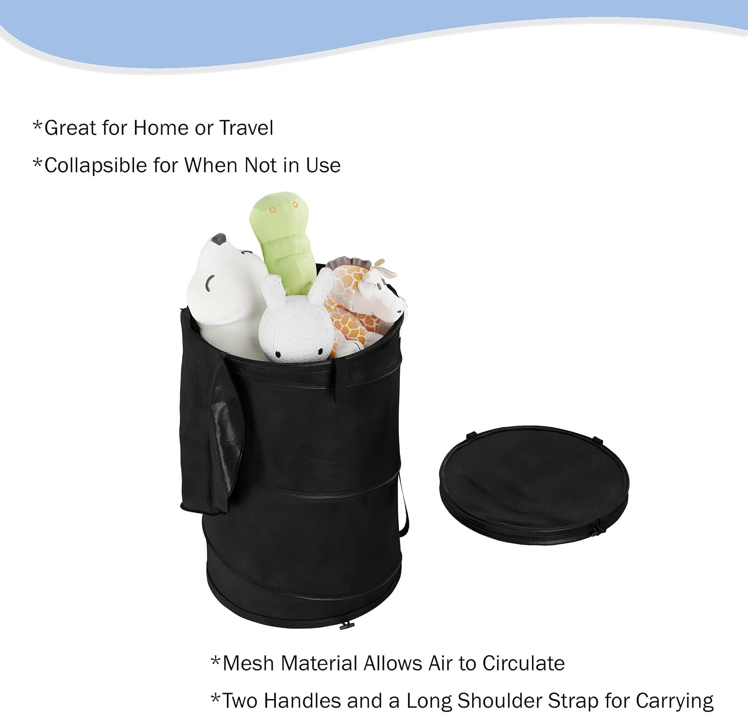 Pop Up Laundry Hamper-Collapsible Nylon Bag with Carrying Straps and Zipper for Dorm, Apartment by Lavish Home (Black) by Lavish Homey Lavish Home