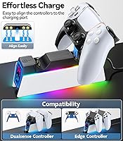 Vista 5 de PS5 Controller Charger Station Compatible with Playstation 5 Skin Edge & Dual Controller, 9 RGB LED Light PS5 Accessories Charging Station, PS5