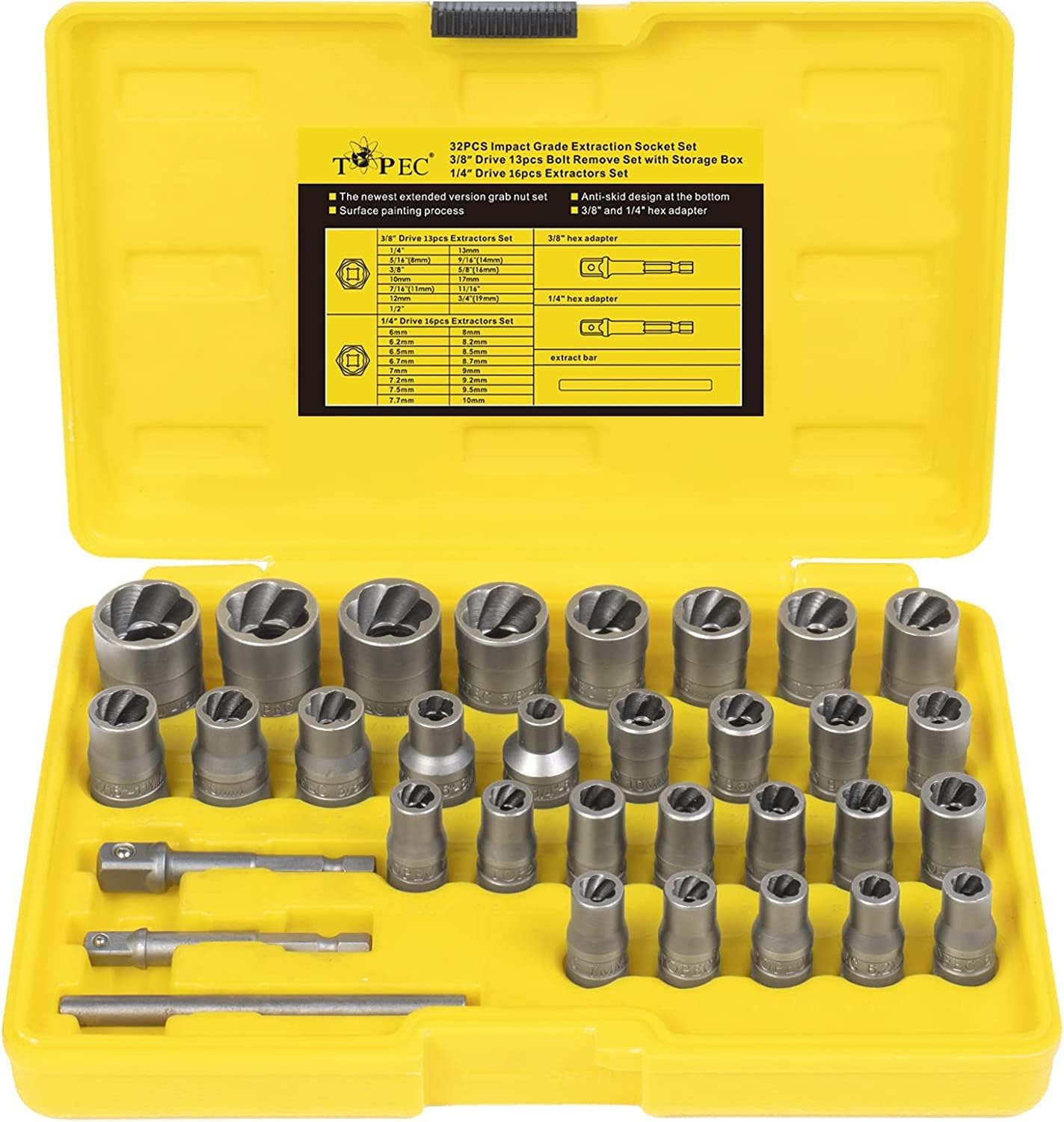 TOPEC Upgrade Bolt Extractor Kit, 32 Pieces Impact Bolt & Nut Remover