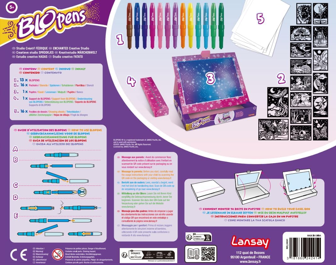 Lansay – Creative Studio BLOPENS | Drawing & Coloring Kit for Children from 5 Years | 13 Blopens Airbrush Effect Felt-Tip Pens + 16 Reusable Stencils | Manual Activity