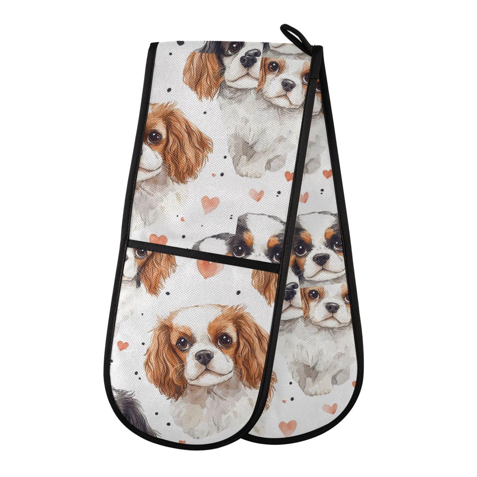 Double Oven Gloves Cute Charles Dog Head Heart Heat Resistant Pot Holder Oven Mitt Gloves for BBQ Cooking Baking Grilling Microwave