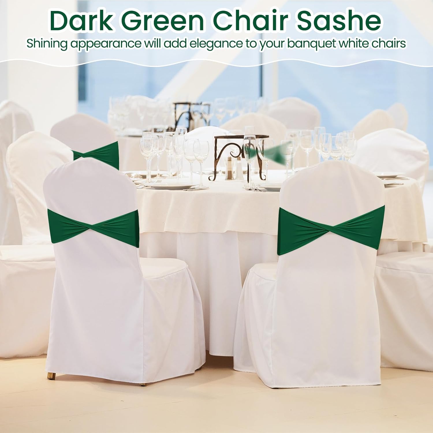 Kinlop 150 Pcs Spandex Chair Sashes Bows Stretch Chair Cover Bands Elastic Ties Bands Slider Sashes Without Buckle Decorations for Wedding Party Events Ceremony Birthday (Dark Green)